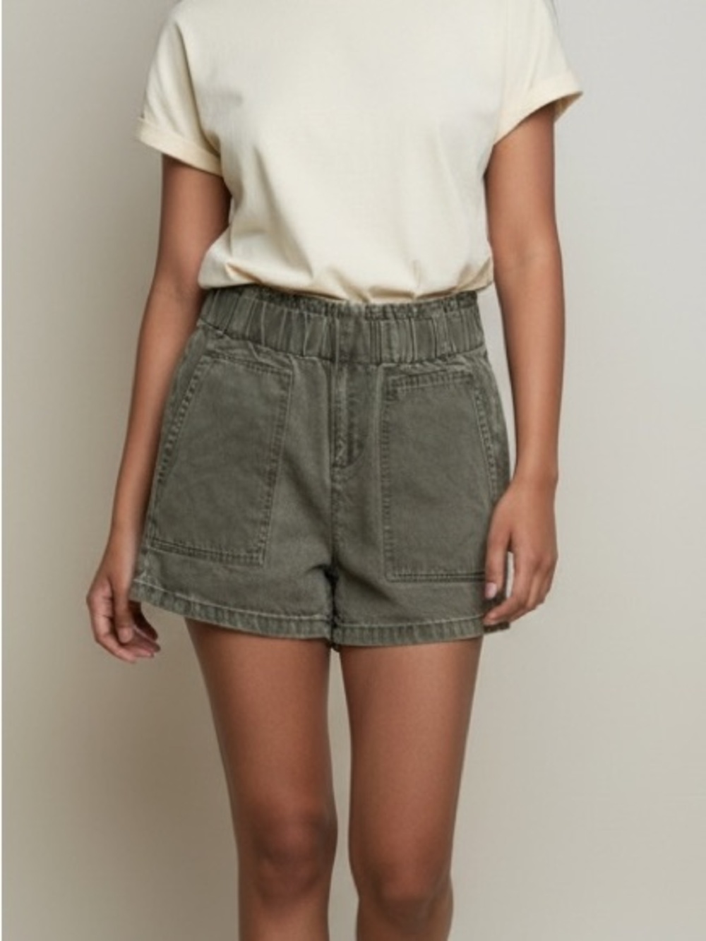 Seed Heritage Gray Paperbag Denim Shorts L High Waisted Elastic Utility